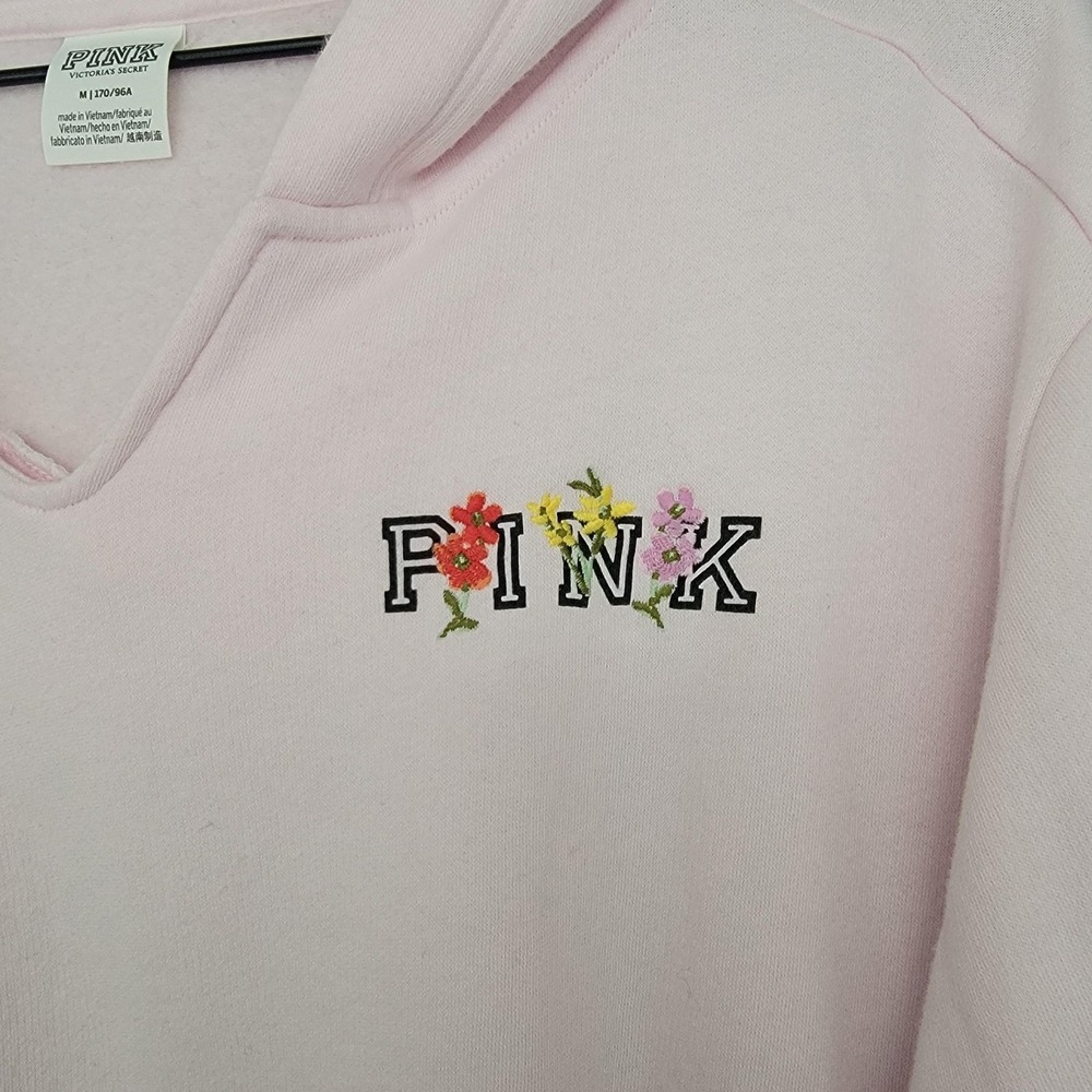 PINK Victorias Secret Hoodie Womens M Pink Floral Logo Embroidered Crop Pullover - Picture 8 of 14